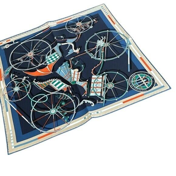 Hermes Gavroche Twill Voitures En Equilibre 45 Marine Square Scarf Handkerchief - Picture 8 of 8